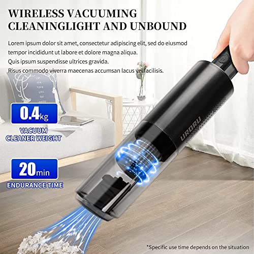 URORU Portable Mini Auto Vacuum Cleaner, Wireless Handheld Car Vacuum Cleaner, 6000 Pa Super Suction Power, Wireless, High Power and Quick Charge Tech, Rechargeable for Home, Car, Office… (Black)