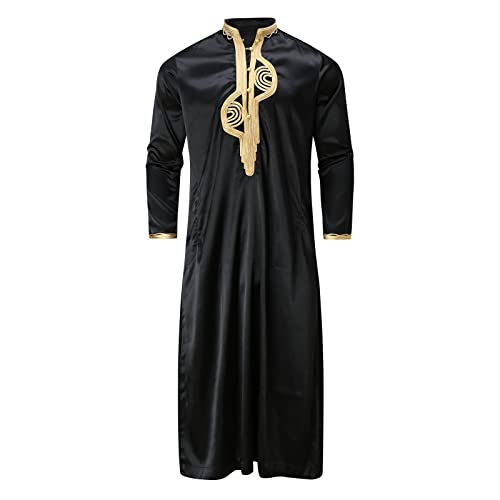 Muslim Middle Arab Embroidered Stand Men's Robe Collar Muslim Clothes Hijab for Women Set (Black, XL)