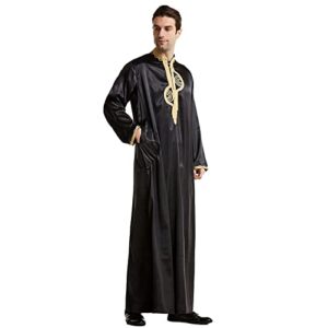 muslim middle arab embroidered stand men’s robe collar muslim clothes hijab for women set (black, xl)