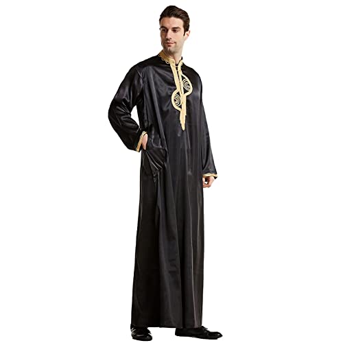 Muslim Middle Arab Embroidered Stand Men's Robe Collar Muslim Clothes Hijab for Women Set (Black, XL)