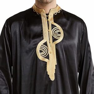 Muslim Middle Arab Embroidered Stand Men's Robe Collar Muslim Clothes Hijab for Women Set (Black, XL)