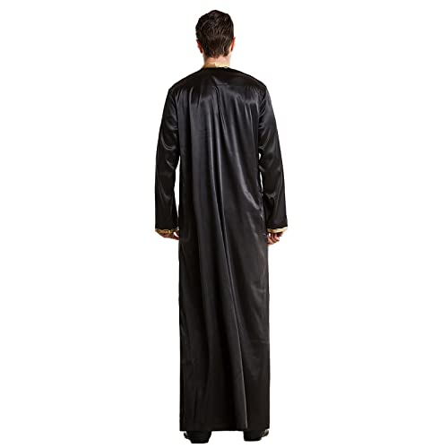 Muslim Middle Arab Embroidered Stand Men's Robe Collar Muslim Clothes Hijab for Women Set (Black, XL)