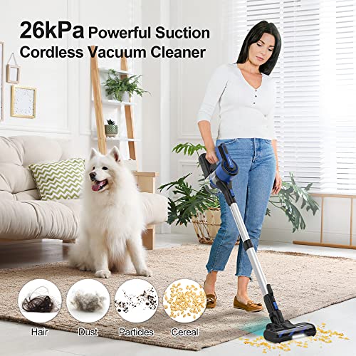 POWEART Cordless Vacuum Cleaner, 26Kpa 350W Powerful Cordless Stick Vacuum, Self-Standing 8 in 1 Rechargeable Battery Vacuum Up to 45min Runtime, Lightweight Vacuum for Pet Hair Hard Floor Carpet-V870