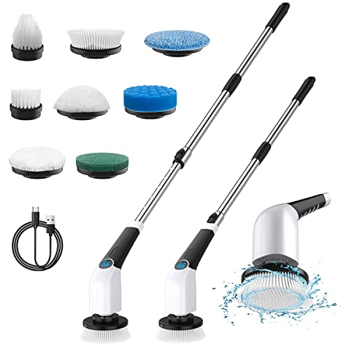 Electric Spin Scrubber, Leebein 2023 Cordless Cleaning Brush with 8 Replaceable Brush Heads & Adjustable Extension Handle & 3 Rotating Speeds, Power Cleaning Brush for Bathroom/Tub/Floor/Tile/Car