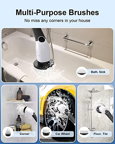 Electric Spin Scrubber, Leebein 2023 Cordless Cleaning Brush with 8 Replaceable Brush Heads & Adjustable Extension Handle & 3 Rotating Speeds, Power Cleaning Brush for Bathroom/Tub/Floor/Tile/Car