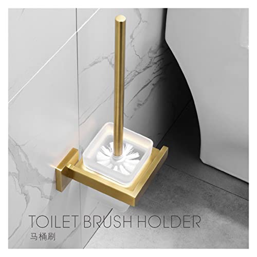 Brushed Gold Toilet Brush Holder with Glass Cup Stainless Steel 304 Square Wall Mounted Gold Bathroom Accessories Set Bathroom Accessories