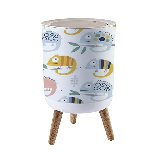 Small Trash Can with Lid Baby Seamless Cute Chameleons on White Creative Scandinavian Kids Wood Legs Press Cover Garbage Bin Round Waste Bin Wastebasket for Kitchen Bathroom Office 7L/1.8 Gallon