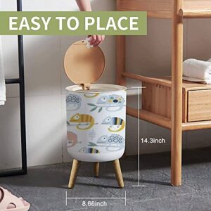 Small Trash Can with Lid Baby Seamless Cute Chameleons on White Creative Scandinavian Kids Wood Legs Press Cover Garbage Bin Round Waste Bin Wastebasket for Kitchen Bathroom Office 7L/1.8 Gallon