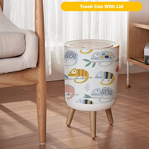 Small Trash Can with Lid Baby Seamless Cute Chameleons on White Creative Scandinavian Kids Wood Legs Press Cover Garbage Bin Round Waste Bin Wastebasket for Kitchen Bathroom Office 7L/1.8 Gallon