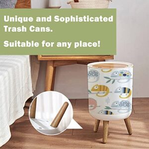 Small Trash Can with Lid Baby Seamless Cute Chameleons on White Creative Scandinavian Kids Wood Legs Press Cover Garbage Bin Round Waste Bin Wastebasket for Kitchen Bathroom Office 7L/1.8 Gallon