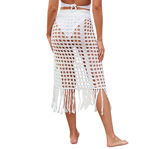 Solid Skirt Beach Sexy Hollow Fringed Color Knitted Summer Split Ripped Women's Skirt Skirt Sequin Skirts for Women Pencil (White, XL)