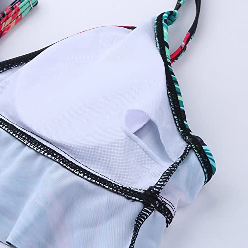 Multicolor Printing Set Split-up Women's Swimsuit Digital Ruffled Swimwears Tankinis Set Shorts And Crop Top Set for Teens (Green, L)
