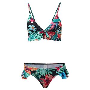 Multicolor Printing Set Split-up Women's Swimsuit Digital Ruffled Swimwears Tankinis Set Shorts And Crop Top Set for Teens (Green, L)