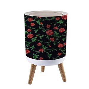 small trash can with lid red rose floral seamless with climbing curly flower green leaf and wood legs press cover garbage bin round waste bin wastebasket for kitchen bathroom office 7l/1.8 gallon