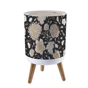 small trash can with lid seamless flower vintage floral black white gold garden flowers roses wood legs press cover garbage bin round waste bin wastebasket for kitchen bathroom office 7l/1.8 gallon