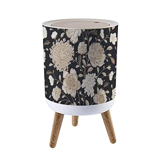 Small Trash Can with Lid Seamless Flower Vintage Floral Black White Gold Garden Flowers Roses Wood Legs Press Cover Garbage Bin Round Waste Bin Wastebasket for Kitchen Bathroom Office 7L/1.8 Gallon
