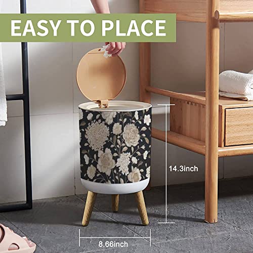 Small Trash Can with Lid Seamless Flower Vintage Floral Black White Gold Garden Flowers Roses Wood Legs Press Cover Garbage Bin Round Waste Bin Wastebasket for Kitchen Bathroom Office 7L/1.8 Gallon