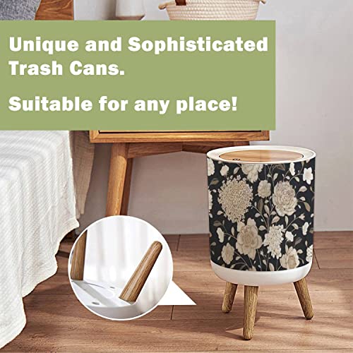 Small Trash Can with Lid Seamless Flower Vintage Floral Black White Gold Garden Flowers Roses Wood Legs Press Cover Garbage Bin Round Waste Bin Wastebasket for Kitchen Bathroom Office 7L/1.8 Gallon