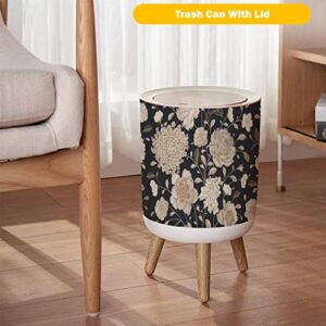 Small Trash Can with Lid Seamless Flower Vintage Floral Black White Gold Garden Flowers Roses Wood Legs Press Cover Garbage Bin Round Waste Bin Wastebasket for Kitchen Bathroom Office 7L/1.8 Gallon