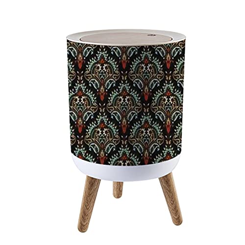 Small Trash Can with Lid Seamless Based on Ornament Paisley Bandana Print Vintage Style Silk Wood Legs Press Cover Garbage Bin Round Waste Bin Wastebasket for Kitchen Bathroom Office 7L/1.8 Gallon