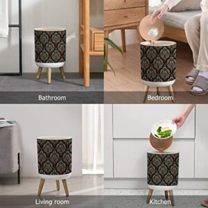 Small Trash Can with Lid Seamless Based on Ornament Paisley Bandana Print Vintage Style Silk Wood Legs Press Cover Garbage Bin Round Waste Bin Wastebasket for Kitchen Bathroom Office 7L/1.8 Gallon