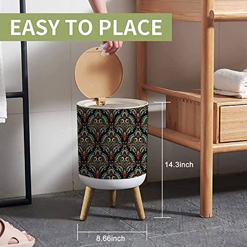 Small Trash Can with Lid Seamless Based on Ornament Paisley Bandana Print Vintage Style Silk Wood Legs Press Cover Garbage Bin Round Waste Bin Wastebasket for Kitchen Bathroom Office 7L/1.8 Gallon