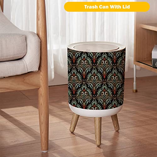 Small Trash Can with Lid Seamless Based on Ornament Paisley Bandana Print Vintage Style Silk Wood Legs Press Cover Garbage Bin Round Waste Bin Wastebasket for Kitchen Bathroom Office 7L/1.8 Gallon