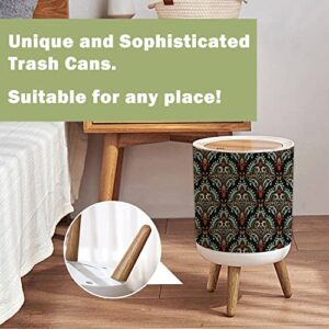 Small Trash Can with Lid Seamless Based on Ornament Paisley Bandana Print Vintage Style Silk Wood Legs Press Cover Garbage Bin Round Waste Bin Wastebasket for Kitchen Bathroom Office 7L/1.8 Gallon