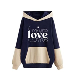 Women Casual Sweashirt Colorblock Hooded Print Pockets Hooded Sweashirt X Large (Dark Blue, M)