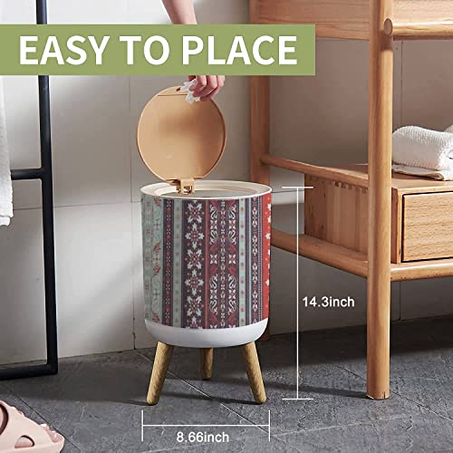 Small Trash Can with Lid Seamless Based on Ornament Paisley Bandana Print Vintage Style Silk Wood Legs Press Cover Garbage Bin Round Waste Bin Wastebasket for Kitchen Bathroom Office 7L/1.8 Gallon