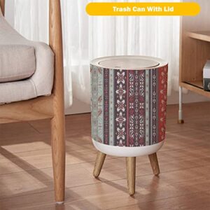 Small Trash Can with Lid Seamless Based on Ornament Paisley Bandana Print Vintage Style Silk Wood Legs Press Cover Garbage Bin Round Waste Bin Wastebasket for Kitchen Bathroom Office 7L/1.8 Gallon