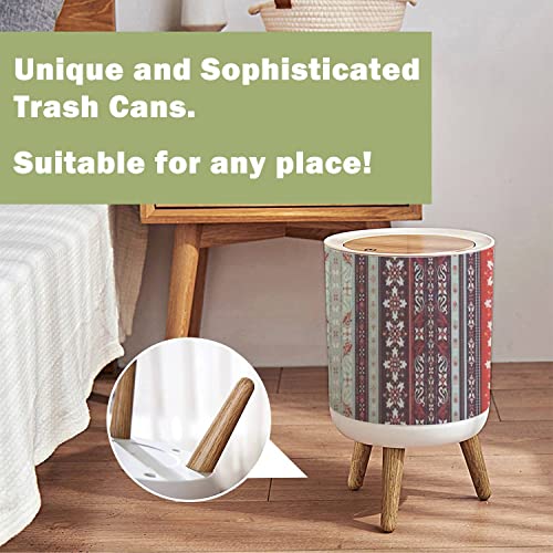 Small Trash Can with Lid Seamless Based on Ornament Paisley Bandana Print Vintage Style Silk Wood Legs Press Cover Garbage Bin Round Waste Bin Wastebasket for Kitchen Bathroom Office 7L/1.8 Gallon