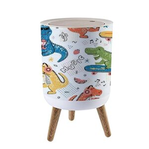 small trash can with lid music lover dinosaur seamless for kids fashion childish with cute wood legs press cover garbage bin round waste bin wastebasket for kitchen bathroom office 7l/1.8 gallon