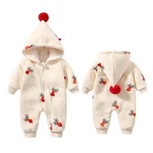 Newborn Baby Fleece Snowsuit Christmas Hooded Romper Onesies Jumpsuit Bodysuit Winter Warm Coat for Infant Boys Girls