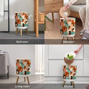 Small Trash Can with Lid Crowd of Young and Elderly Men and Women in Trendy Hipster Clothes Wood Legs Press Cover Garbage Bin Round Simple Human Waste Bin Wastebasket for Kitchen Bathroom Office