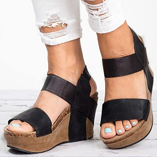 Sandals for Women Platform Wedge Women's Roman Toe Beach Sandals Shoes Flip Flops Wedges Casual Breathable Open Women's sandals (Black, 6.5-7)