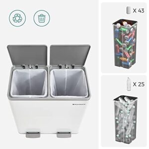 SONGMICS Trash Can, 2 x 8-Gallon Garbage Can for Kitchen, with 15 Trash Bags, 2 Compartments, Plastic Inner Buckets and Hinged Lids, Airtight, White and Gray ULTB60WT