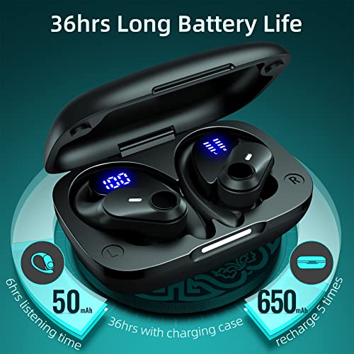 GOLREX Bluetooth Headphones Wireless Earbuds 36Hrs Playtime Wireless Charging Case Digital LED Display Over-Ear Earphones with Earhook Waterproof Headset with Mic for Sport Running Workout Black