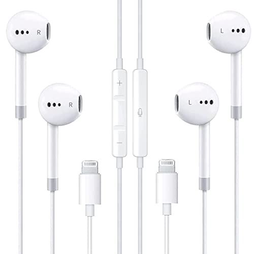 2 Pack Apple Earbuds Headphones Wired with Lightning Connector[Apple MFi Certified] iPhone Earphones Compatible with iPhone 14/13/12/SE/11/XR/XS/X/8/7-All iOS(Built-in Microphone & Volume Control)