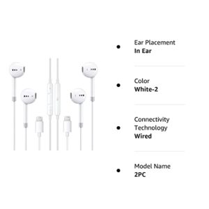 2 Pack Apple Earbuds Headphones Wired with Lightning Connector[Apple MFi Certified] iPhone Earphones Compatible with iPhone 14/13/12/SE/11/XR/XS/X/8/7-All iOS(Built-in Microphone & Volume Control)