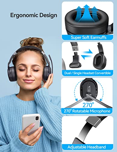 TECKNET Bluetooth Headset, Wireless Bluetooth Trucker Headset with Microphone Noise Cancelling 3 EQ Music Modes, Single and Dual Ear Wireless Headphones for Truck Drivers, Office, Call Centre Work