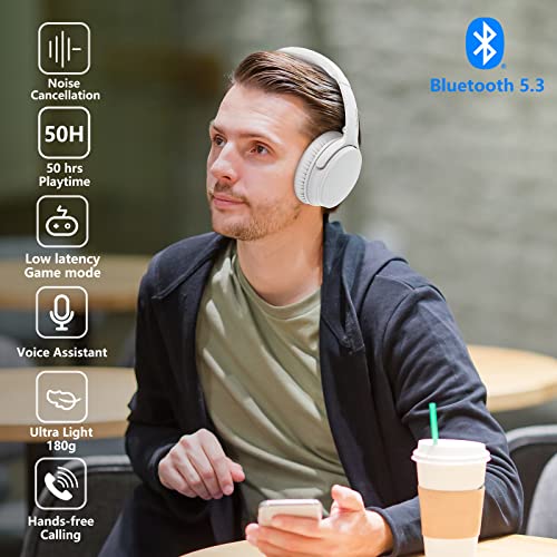 Srhythm NC25 Active Noise Cancelling Headphones Bluetooth 5.3,ANC Stereo Headset Over-Ear with Hi-Fi,Mic,50H Playtime,Voice Assistant,Low Latency Game Mode