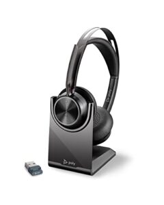 poly voyager focus 2 uc wireless headset with microphone & charge stand (plantronics) – active noise canceling (anc) – connect pc/mac/mobile via bluetooth -works w/teams, zoom & more-amazon exclusive