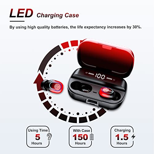 Bluetooth Earbuds Wireless Ear Buds Touch Control Wireless Earphones with HiFi Stereo Audio, Noise Reduction, IPX7 Waterproof Headphones, LED Charging Case, Built-in Mic for Sport/Work/Travel Red