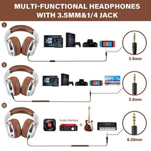 Over Ear Headphone, Wired Premium Stereo Sound Headsets with 50mm Driver, Foldable Comfortable Headphones with Protein Earmuffs and Shareport for Recording Monitoring Podcast PC TV- with Mic (Silver)