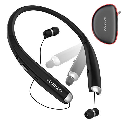 Foldable Bluetooth Headphones, AMORNO Wireless Neckband Sports Headset with Retractable Earbuds, Sweatproof Noise Cancelling Stereo Earphones with Mic (Black)