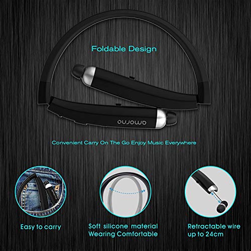 Foldable Bluetooth Headphones, AMORNO Wireless Neckband Sports Headset with Retractable Earbuds, Sweatproof Noise Cancelling Stereo Earphones with Mic (Black)