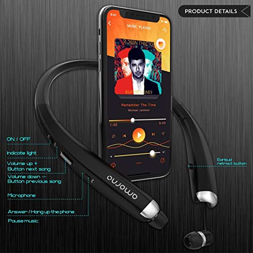 Foldable Bluetooth Headphones, AMORNO Wireless Neckband Sports Headset with Retractable Earbuds, Sweatproof Noise Cancelling Stereo Earphones with Mic (Black)
