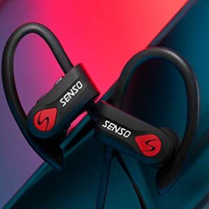 Senso Bluetooth Headphones, Best Wireless Sports Earphones w/Mic IPX7 Waterproof HD Stereo Sweatproof Earbuds for Gym Running Workout 8 Hour Battery Noise Cancelling Headsets (Black Red)