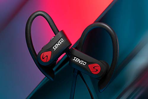 Senso Bluetooth Headphones, Best Wireless Sports Earphones w/Mic IPX7 Waterproof HD Stereo Sweatproof Earbuds for Gym Running Workout 8 Hour Battery Noise Cancelling Headsets (Black Red)